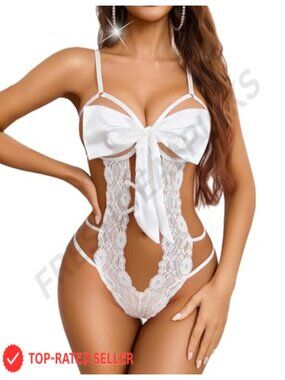 Lace Teddy Babydoll Lingerie Bodysuit Bow Tie Deep V Neck
